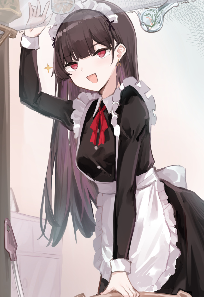 1girl 7gao :d absurdres apron arm_up black_dress breasts brown_hair collared_dress dress frilled_apron frills highres huge_filesize long_sleeves looking_up maid maid_apron maid_headdress neck_ribbon open_mouth original red_eyes ribbon small_breasts smile solo sparkle