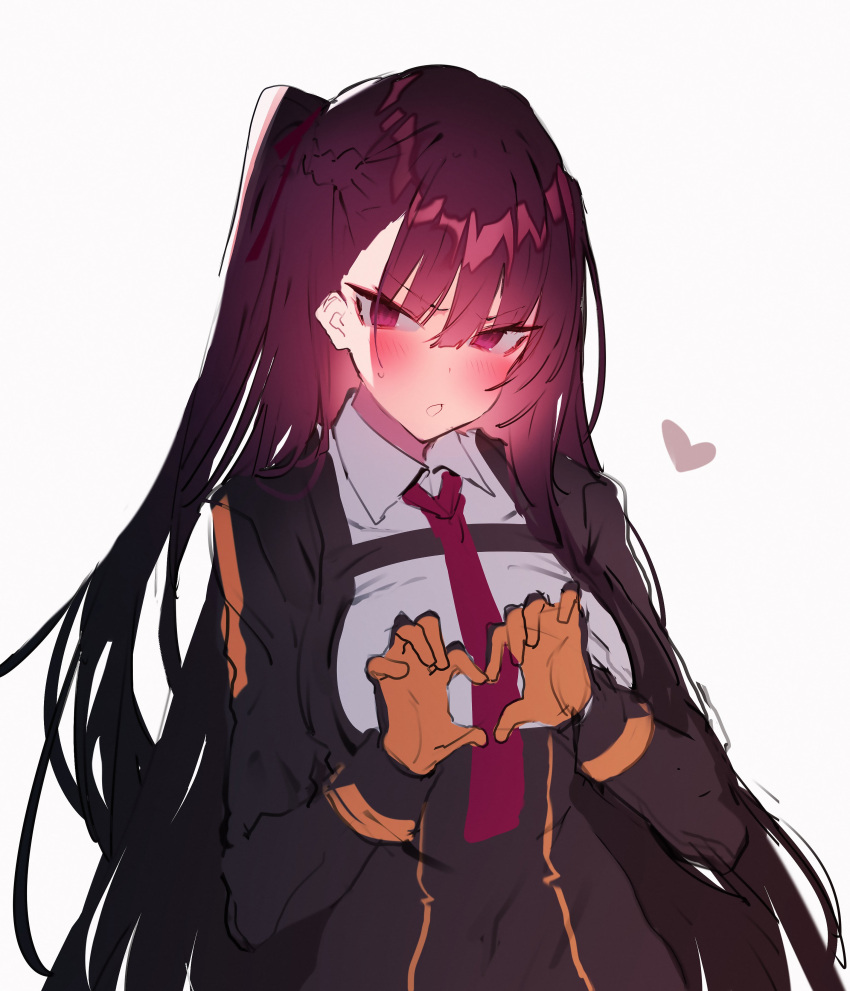 1girl absurdres bangs blunt_bangs blush eyebrows_visible_through_hair framed_breasts girls_frontline hair_ribbon heart heart_hands highres long_hair long_sleeves necktie one_side_up open_mouth purple_hair red_neckwear ribbon solo soukou_makura sweatdrop two-tone_gloves very_long_hair violet_eyes wa2000_(girls_frontline) white_background