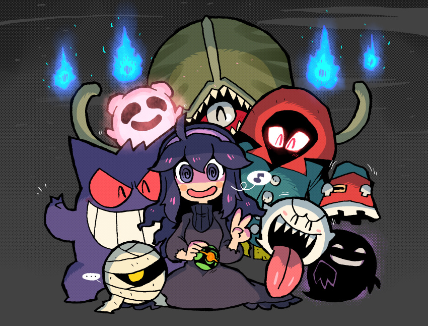 ... 1girl @_@ ahoge blush_stickers boo_(mario) closed_eyes crossover donkey_kong_(series) donkey_kong_country_2 dress dusk_ball gen_1_pokemon gengar ghost grin hairband hex_maniac_(pokemon) highres hitodama holding holding_poke_ball kirby's_dream_land kirby_(series) kloak kneeling looking_at_viewer super_mario_bros. metroid multiple_crossover mumbies_(kirby) musical_note open_mouth phantoon poke_ball pokemon pokemon_(creature) pokemon_(game) pokemon_rgby pokemon_tower_ghost pokemon_xy purple_hair rariatto_(ganguri) red_eyes ribbed_sweater sharp_teeth smile speech_bubble spoken_musical_note super_mario_bros. super_mario_bros._3 super_metroid sweater teeth the_legend_of_zelda the_legend_of_zelda:_link's_awakening tongue tongue_out trait_connection v violet_eyes