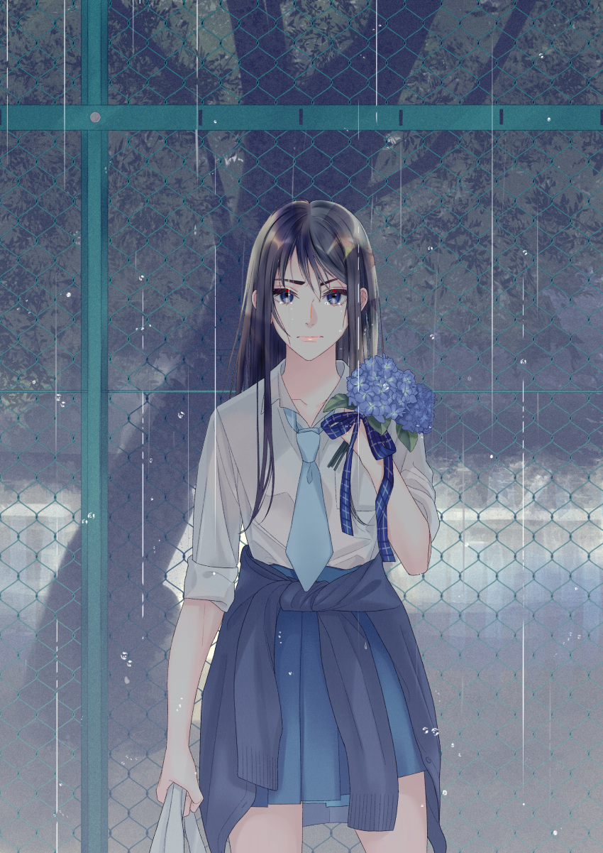 1girl absurdres black_hair blue_eyes blue_neckwear blue_skirt cardigan cardigan_around_waist chain-link_fence clothes_around_waist cowboy_shot crying crying_with_eyes_open fence flower highres hydrangea lips long_hair miu_888 necktie original pleated_skirt school_uniform shirt skirt solo standing tears tree white_shirt