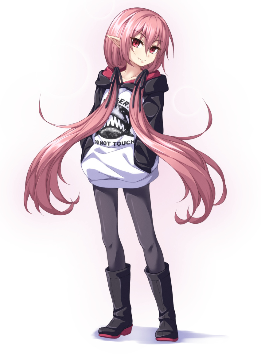 1girl boots eyebrows_visible_through_hair fang full_body gradient gradient_background hands_in_pockets highres hood hoodie knee_boots krul_tepes kyuutou_(kyuutouryuu) long_hair owari_no_seraph pantyhose pink_hair pointy_ears red_eyes simple_background solo standing twintails