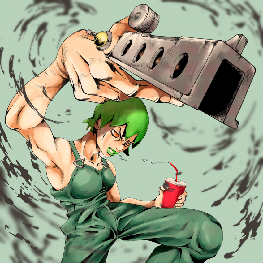1girl bad_anatomy clenched_teeth cup drinking_straw fighting_stance finger_gun foo_fighters green_background green_hair green_lips green_overalls highres holding holding_cup jojo_no_kimyou_na_bouken keeeey orange_eyes outstretched_arm overalls short_hair simple_background smile solo stone_ocean teeth water weapon