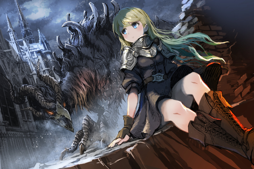 1girl architecture armor belt blonde_hair blue_eyes boots brown_belt brown_footwear cathedral cross-laced_footwear expressionless fantasy fingerless_gloves gloves highres knee_boots lace-up_boots long_hair looking_to_the_side medieval monster night night_sky original short_sleeves sky tunic ume_(illegal_bible)