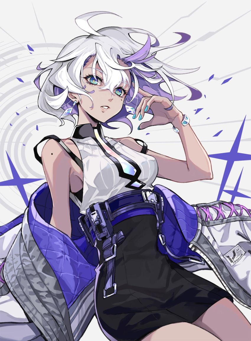 1girl black_skirt blue_eyes blue_nails breasts colored_inner_hair fingernails floating_hair grey_hair hand_up high-waist_skirt highres jacket jacket_partially_removed looking_at_viewer medium_breasts miniskirt mole_on_shoulder multicolored_hair nail_polish original parted_lips pokimari purple_hair shirt skirt sleeveless sleeveless_shirt solo two-sided_fabric two-sided_jacket white_background white_jacket white_shirt wristband