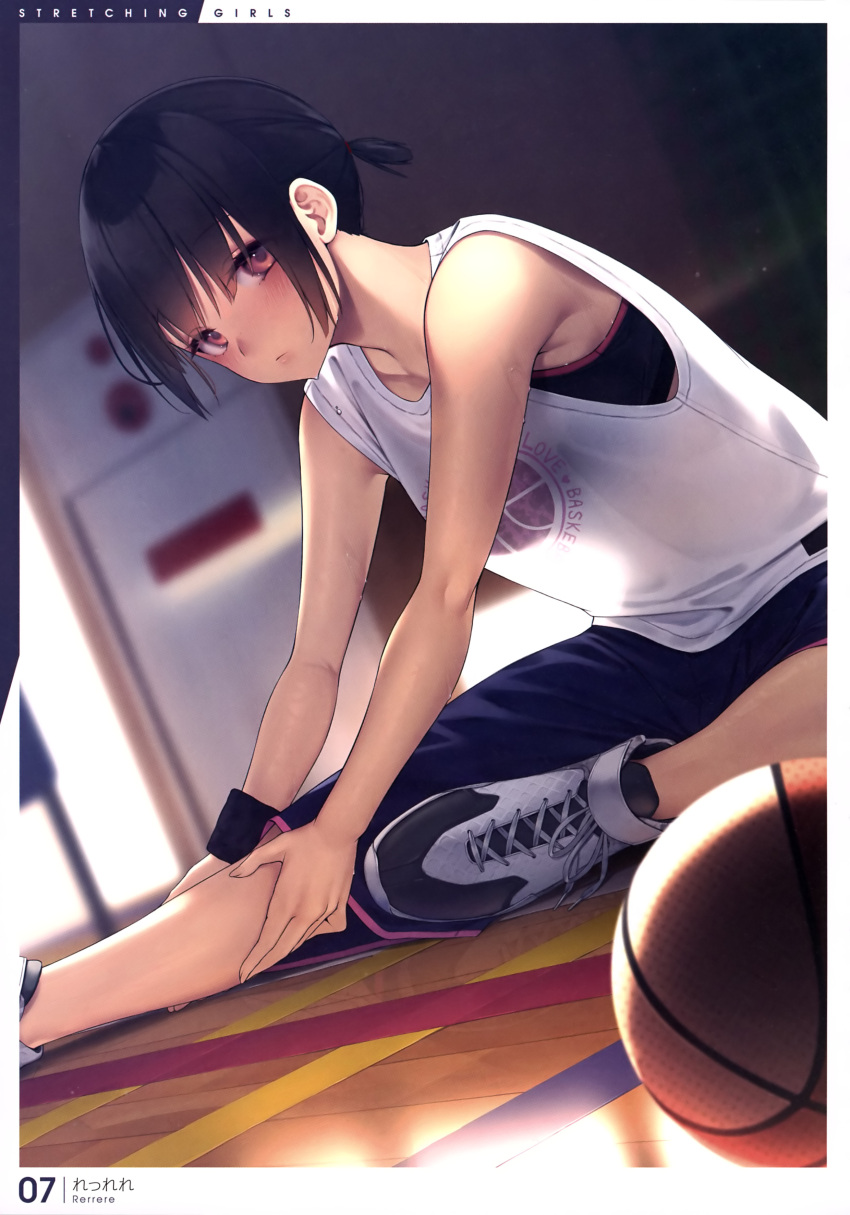 1girl absurdres armpit_crease artbook artist_name ball basketball basketball_court basketball_uniform blue_hair copyright_name dutch_angle from_side hands_on_own_leg highres indoors leaning_forward looking_at_viewer original red_eyes rerrere scan shoes short_hair sidelocks sitting solo sportswear stretch tied_hair