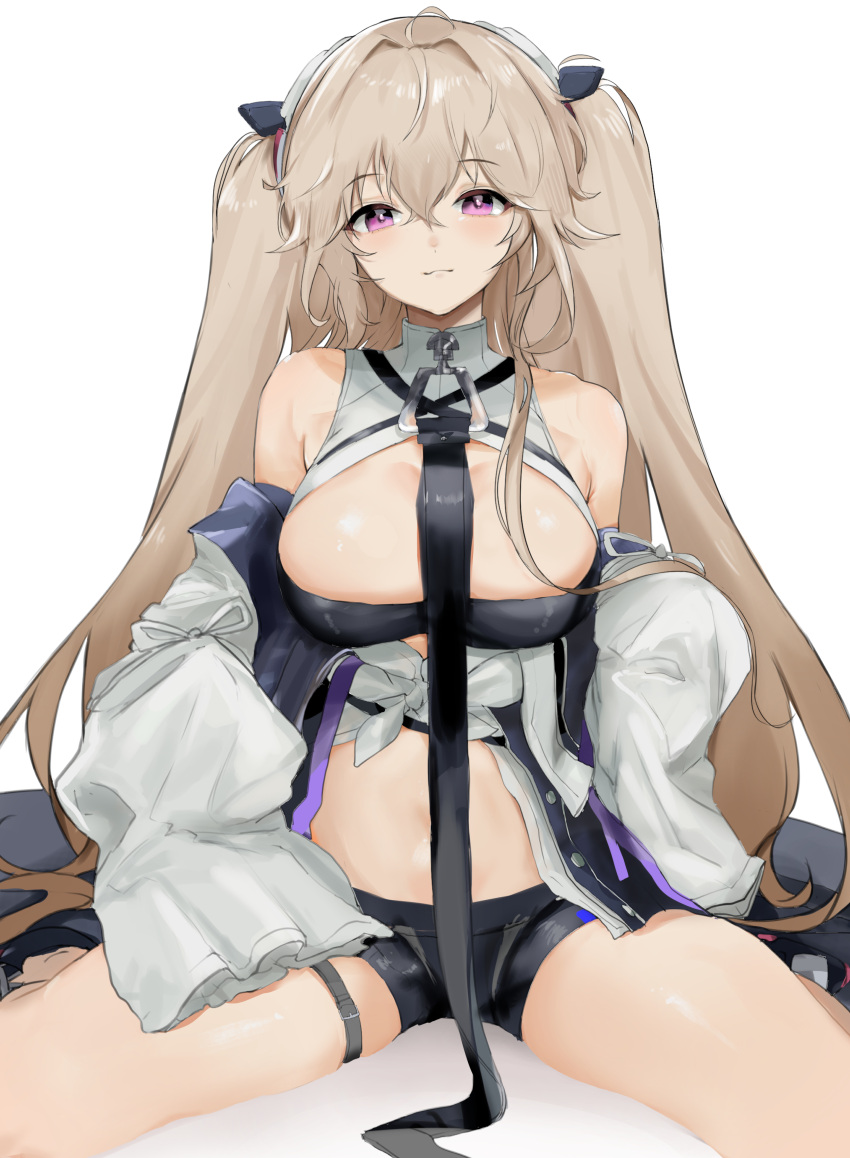 1girl absurdres anchorage_(azur_lane) azur_lane bangs bare_shoulders blush breasts closed_mouth crossed_bangs detached_sleeves eyebrows_visible_through_hair hair_between_eyes hair_ornament highres large_breasts light_brown_hair long_hair long_sleeves looking_at_viewer maria_(syake-uni) shorts simple_background sitting smile solo twintails very_long_hair violet_eyes