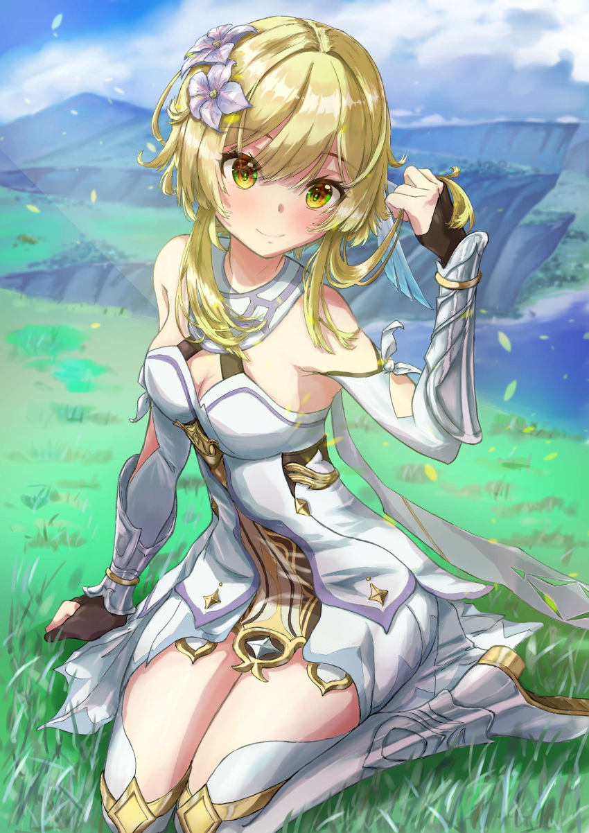 1girl absurdres arm_guards bangs blonde_hair blue_sky blurry cliff clouds cloudy_sky commentary_request depth_of_field detached_sleeves dress english_commentary eyebrows_visible_through_hair genshin_impact grass hair_between_eyes highres looking_at_viewer lumine_(genshin_impact) mixed-language_commentary mountainous_horizon playing_with_own_hair qussie scarf short_hair short_hair_with_long_locks sidelocks sitting sky smile solo thigh-highs wariza white_dress white_legwear white_scarf wind yellow_eyes zettai_ryouiki