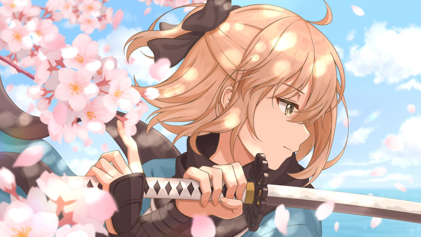 1girl ahoge branch cherry_blossoms clouds fate/grand_order fate_(series) fighting_stance fingernails highres holding holding_sword holding_weapon katana matsuba_moco okita_souji_(fate) okita_souji_(fate)_(all) profile scarf smile sword weapon