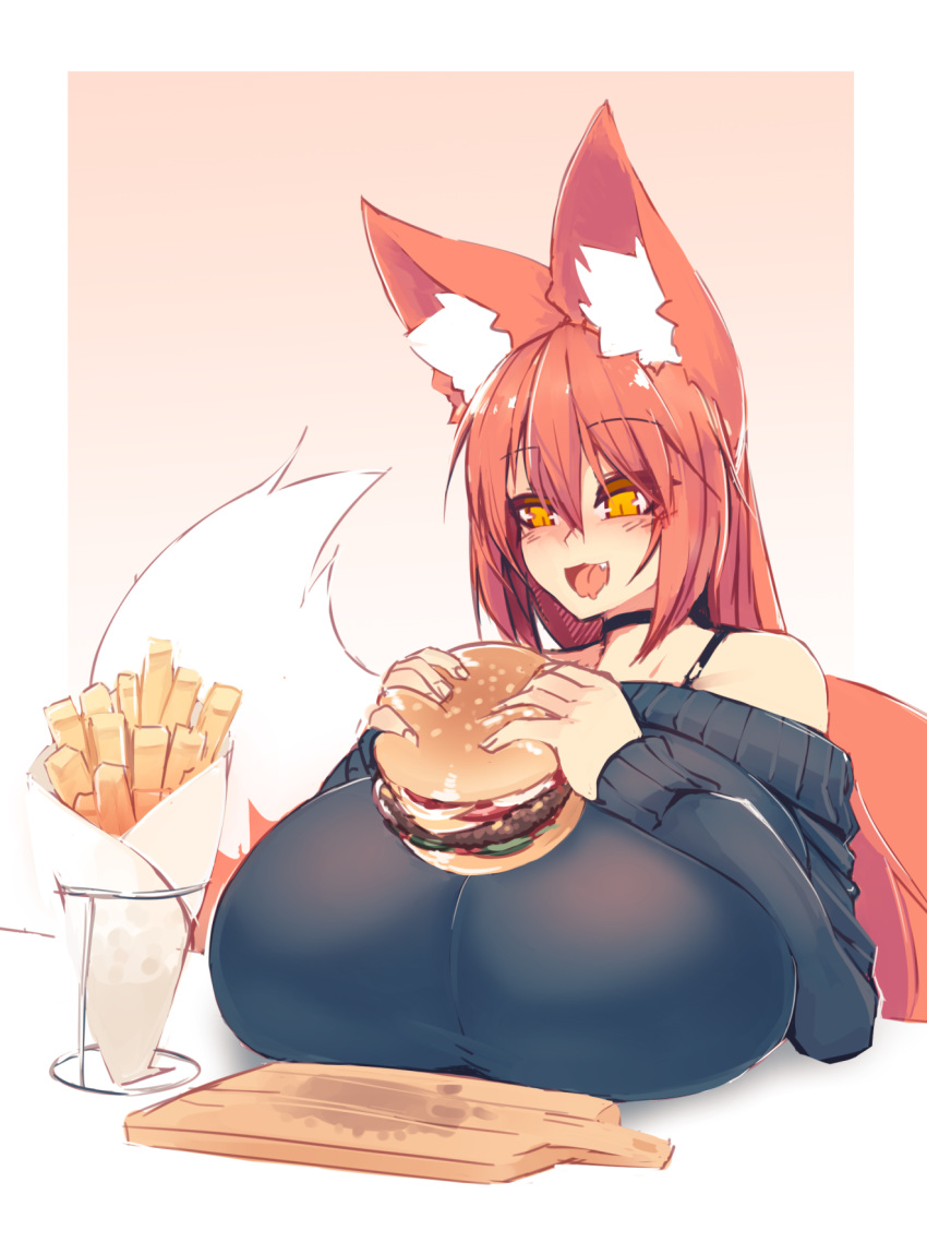 1girl animal_ear_fluff animal_ears bangs black_choker breast_rest breasts burger choker commentary cutting_board eyebrows_visible_through_hair fang food fox_ears fox_girl fox_tail french_fries gigantic_breasts hair_between_eyes highres large_tail long_hair long_sleeves off_shoulder orange_eyes original redhead sam_(sub-res) simple_background solo sub-res tail upper_body