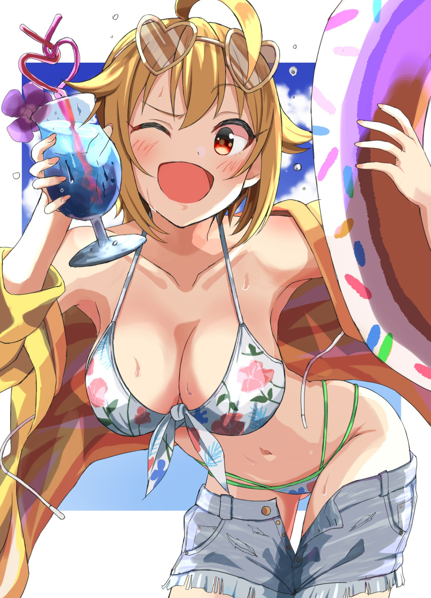 1girl ahoge arched_back ass_visible_through_thighs bangs bare_shoulders bikini blonde_hair breasts clothes_pull collarbone cup denim denim_shorts doughnut_innertube drawstring drinking_straw eyebrows_visible_through_hair eyewear_on_head floral_print front-tie_bikini front-tie_top hair_flaps hands_up haruki_(haruki678) heart heart-shaped_eyewear highleg highleg_bikini highres holding holding_cup holding_innertube ibuki_tsubasa idolmaster idolmaster_million_live! innertube jacket large_breasts leaning_forward looking_at_viewer navel one_eye_closed open_clothes open_jacket open_mouth raised_eyebrow red_eyes short_shorts shorts smile solo sunglasses sweat swimsuit thighs unbuttoned_shorts yellow-framed_eyewear yellow_jacket