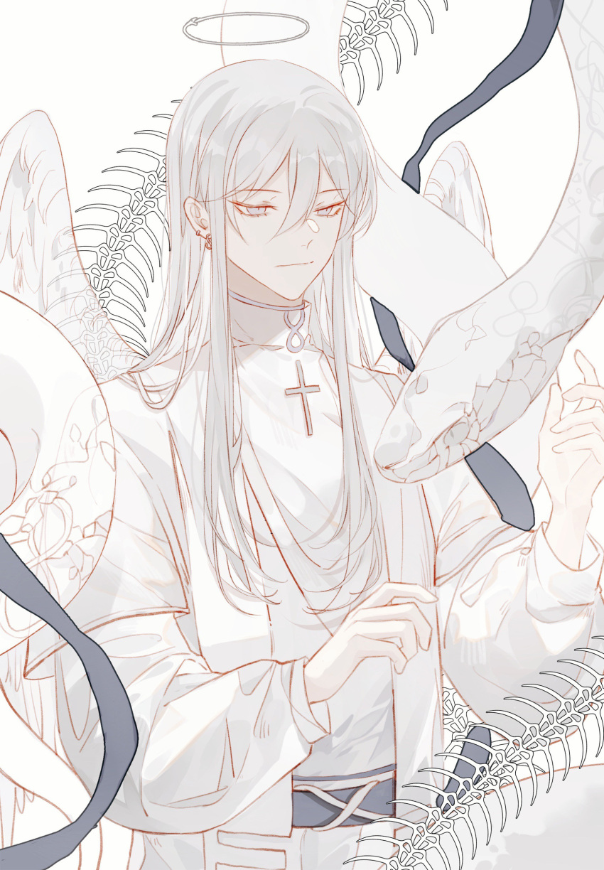 1boy absurdres angel angel_wings belt cross earrings ears grey_eyes halo highres infinity jewelry long_hair lord_of_the_mysteries open_arms ouroboros_(lord_of_the_mysteries) reptile robe shaoyun771 silver_eyelashes silver_hair skeleton snake solo white_robe wings