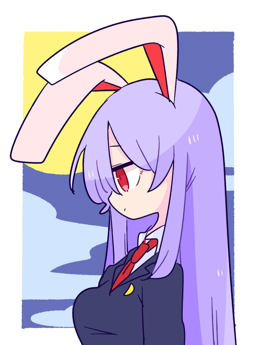 1girl animal_ears bangs blouse breasts collared_blouse from_side highres large_breasts long_hair moon necktie night op_na_yarou purple_hair rabbit_ears red_eyes red_neckwear reisen_udongein_inaba suit_jacket touhou white_blouse