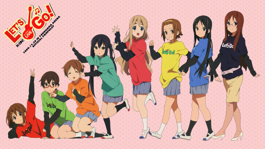 akiyama_mio black_eyes black_hair black_socks blonde_hair blue_eyes brown_eyes brown_hair casual closed_eyes everyone eyebrows hairband high_heels highres hime_cut hirasawa_ui hirasawa_yui k-on! kotobuki_tsumugi legs let's_go! long_hair manabe_nodoka nakano_azusa pantyhose ponytail shoes short_hair skirt socks tainaka_ritsu twintails uwabaki v white_socks yamanaka_sawako