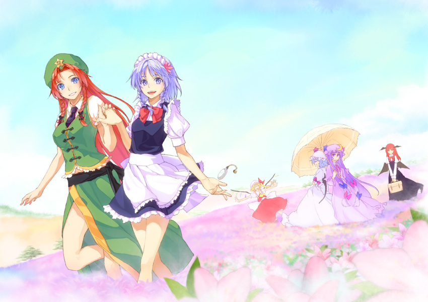 apron bat_wings blonde_hair blue_eyes braid china_dress chinese_clothes flandre_scarlet flower flower_field hair_flower hair_ornament hand_holding happy hat head_wings headwings holding_hands hong_meiling izayoi_sakuya koakuma lavender_eyes lavender_hair long_hair maid maid_headdress meadow nature outstretched_arms parasol patchouli_knowledge pocket_watch purple_hair red_hair remilia_scarlet short_hair smile spread_arms tarou the_embodiment_of_scarlet_devil touhou twin_braids umbrella v_arms very_long_hair walking watch wings
