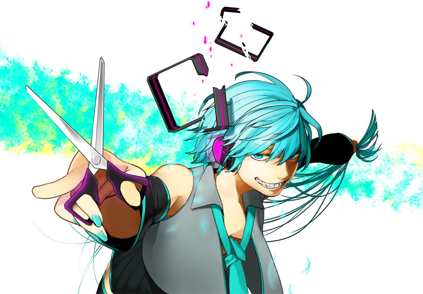 alternate_hair_length alternate_hairstyle androgynous aqua_eyes aqua_hair bad_id cutting_hair detached_sleeves grin hatsune_miku headphones nail_polish open_clothes open_shirt reverse_trap scissors shirt short_hair skirt smile solo suko_mugi thigh-highs thighhighs vocaloid