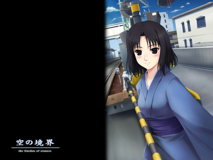 blush highres japanese_clothes kara_no_kyoukai kimono railroad_crossing ryougi_shiki short_hair smile solo tai_(2vs) tai_(pixiv1637339)