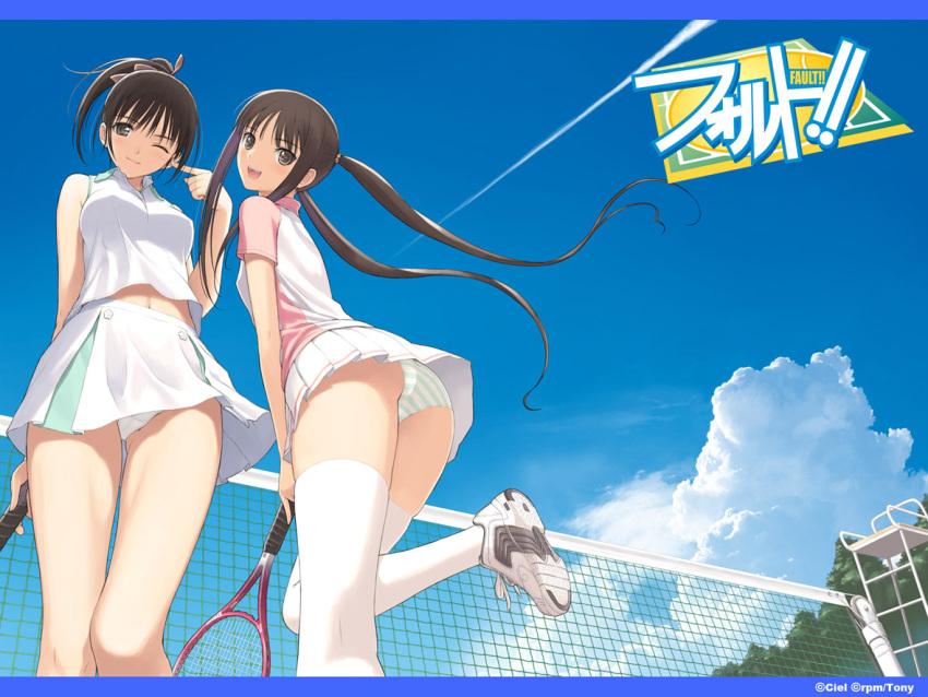 ass brown_hair fault!! long_hair multiple_girls panties pantyshot racket saeki_ai skirt sky sportswear striped striped_panties sugiyama_mio taka_tony tennis_net tennis_racket tennis_uniform thigh-highs thighhighs twintails underwear upskirt white_legwear white_panties white_thighhighs wink