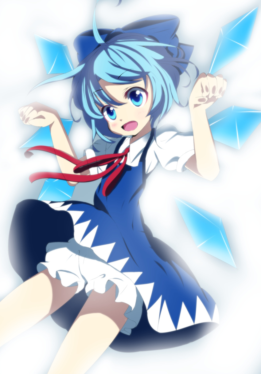 aa44 absurdres ahoge bloomers blue_eyes blue_hair bow cirno dress hair_bow highres solo touhou wings
