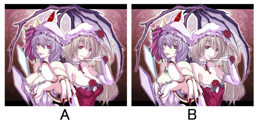 ao_usagi breasts comparison flandre_scarlet flat_chest foreshortening hands large_breasts remilia_scarlet siblings sisters touhou