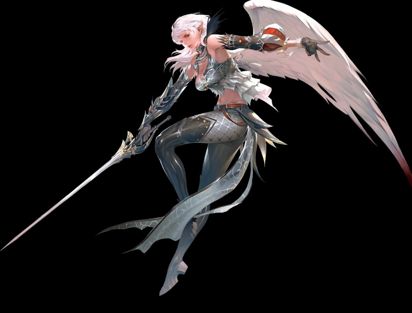 breasts cleavage gauntlets gloves jewelry kamael lineage lineage_2 long_hair necklace pointy_ears sword thigh-highs thigh_boots thighhighs weapon white_hair wings