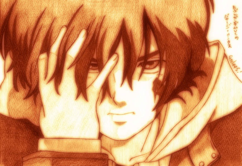 bad_id banagher_links covering_face godees gundam gundam_unicorn highres hoodie jacket male monochrome sepia short_hair solo stare traditional_media