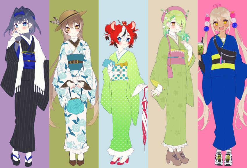 5girls :d absurdres alternate_hair_length alternate_hairstyle animal_ears animal_on_head antlers asymmetrical_hair bag bangs belt beret black_footwear black_hair black_kimono blonde_hair blue_bow blue_eyes blue_hair blue_kimono blue_sweater blush boots bow braid branch brown_belt brown_eyes brown_footwear brown_hair brown_headwear bubble_tea ceres_fauna chiyomaru_(yumichiyo0606) closed_mouth closed_umbrella coin_purse commentary cross-laced_footwear crossed_bangs cup double_bun drink drinking_straw earrings english_commentary eyebrows_visible_through_hair fanny_pack floral_print flower french_braid full_body geta green_hair green_kimono hair_between_eyes hair_bow hair_bun hair_flower hair_intakes hair_ornament hakos_baelz hand_on_own_face handbag hat hat_feather headpiece high_heel_boots high_heels highres holding holding_cup holding_drink holding_umbrella holocouncil hololive hololive_english japanese_clothes jewelry kimono light_green_hair long_hair looking_at_viewer medium_hair mole mole_under_eye mouse_ears mouse_on_head mr._squeaks_(hakos_baelz) multicolored_hair multiple_girls nanashi_mumei necklace obi okobo on_head open_mouth orange_eyes ouro_kronii panels parted_lips pearl_necklace pink_headwear planet_hair_ornament platform_footwear polka_dot polka_dot_kimono red_footwear redhead ribbed_sweater sakuramon sash scarf shirt shoes short_hair simple_background smile sneakers standing streaked_hair striped striped_legwear striped_shirt sweater tabi tsukumo_sana turtleneck turtleneck_sweater twintails umbrella vertical-striped_kimono vertical_stripes virtual_youtuber watch watch white_belt white_footwear white_hair white_kimono white_legwear white_scarf wide_sleeves yellow_bow yellow_eyes yukata