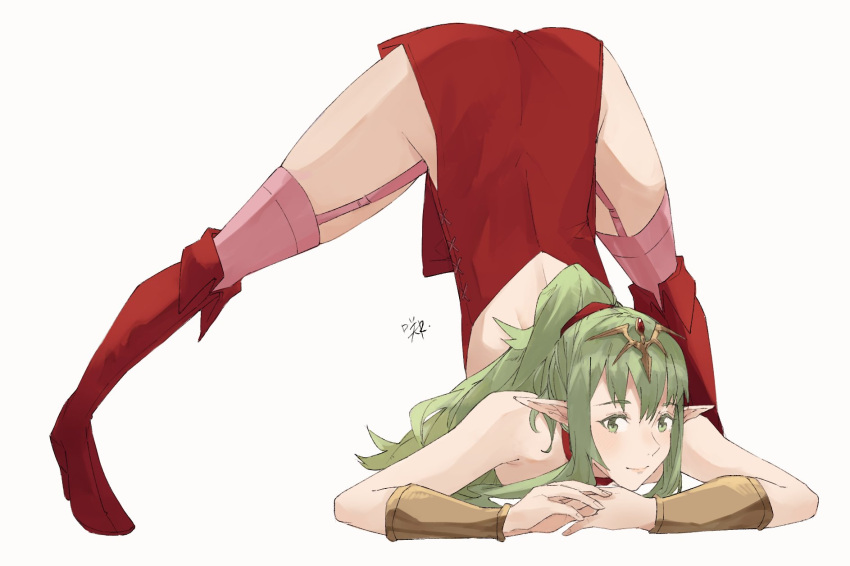 1girl armpit_crease bare_shoulders blush boots bracer commentary copyright_request dress eyebrows_visible_through_hair fire_emblem fold-over_boots full_body garter_straps gloves green_eyes green_hair hair_ribbon highres jack-o'_challenge jewelry light_green_hair long_hair looking_at_viewer manakete meme pink_legwear pointy_ears ponytail red_dress red_footwear ribbon sakuremi short_dress side_slit sidelocks signature simple_background smile solo strapless strapless_dress thigh-highs thigh_boots thighs tiki_(fire_emblem) top-down_bottom-up