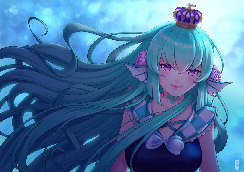 1girl bangs breasts collarbone crown finana_ryugu floating_hair flower frilled_sailor_collar frills green_hair hair_flower hair_ornament head_fins highres looking_at_viewer medium_breasts nijisanji nijisanji_en parted_lips purple_flower rafa_arsen sailor_collar seashell shell solo thick_lips underwater violet_eyes virtual_youtuber