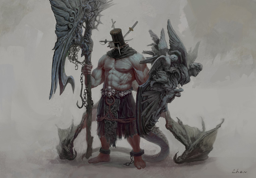 1boy abs axe bare_pectorals biceps chain chens_art cuffs dragon_boy dragon_tail dragon_wings faux_traditional_media full_body helmet holding holding_axe holding_shield huge_weapon impaled large_pectorals male_focus muscular muscular_male navel nipples original pectorals realistic shield skull solo stomach tail veins weapon wings