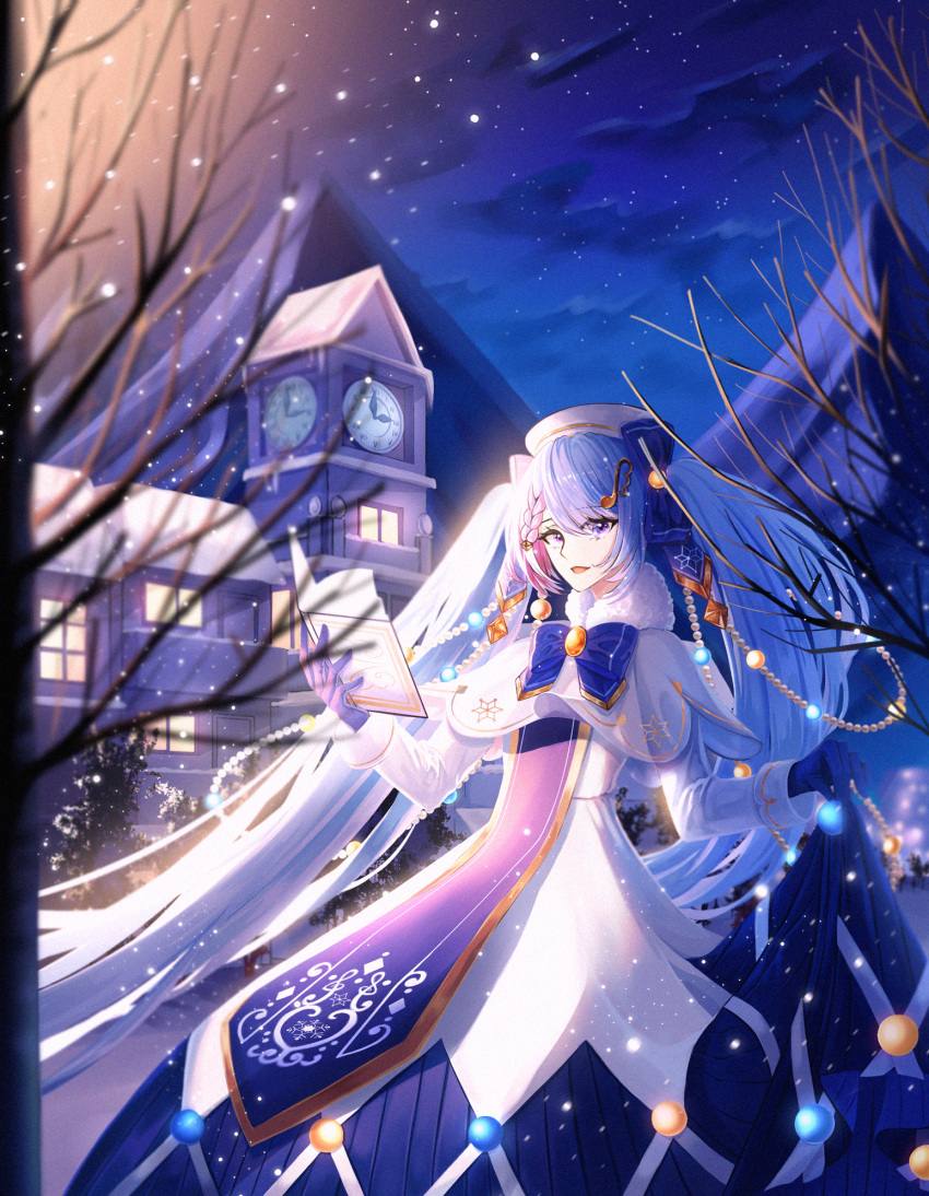 1girl absurdly_long_hair bangs blue_eyes blue_gloves blue_hair blue_neckwear blue_skirt capelet coat coat_dress eyebrows_visible_through_hair gloves hair_between_eyes hair_ornament hat hatsune_miku highres long_hair long_skirt long_sleeves musical_note_hair_ornament night open_mouth outdoors pleated_skirt skirt skirt_hold snowing solo theazureciel twintails very_long_hair vocaloid white_capelet white_coat white_headwear winter yuki_miku
