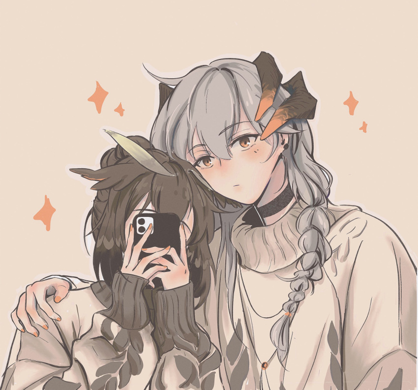 2girls ajiajia1104 alternate_hairstyle arknights black_choker braid brown_background brown_hair brown_sweater cellphone choker closed_mouth commentary_request dragon_horns ear_clip eyebrows_visible_through_hair feather_hair hair_bun hand_on_another's_shoulder highres holding holding_phone horns long_hair long_sleeves looking_at_viewer medium_hair multiple_girls orange_eyes orange_nails phone saria_(arknights) silence_(arknights) silver_hair simple_background single_braid sleeves_past_wrists smartphone sparkle sweater taking_picture upper_body