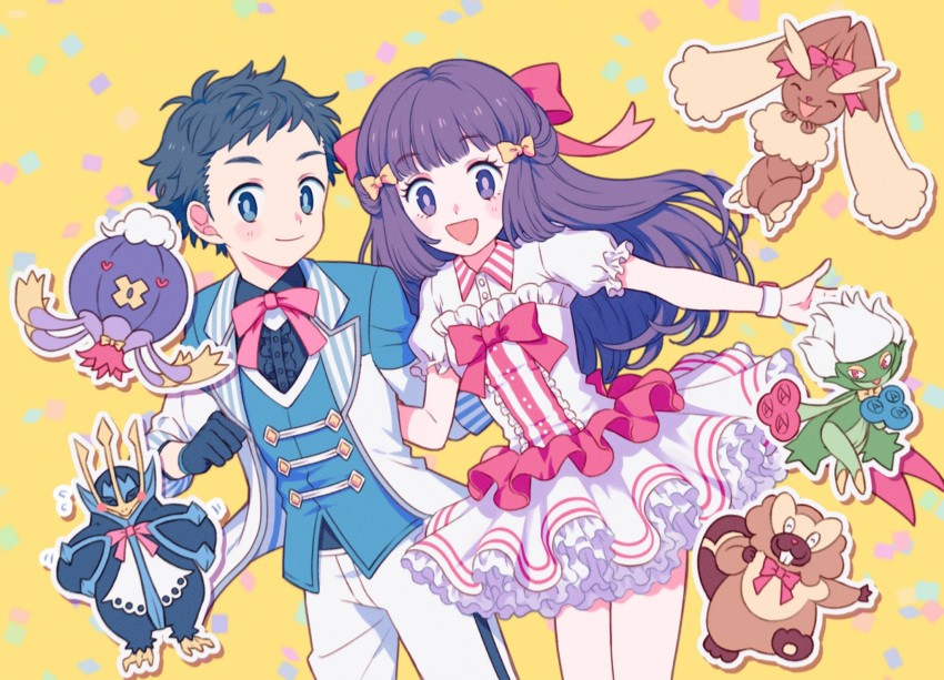 1boy 1girl :d bangs bibarel black_hair blush bow clenched_hand closed_mouth commentary_request hikari_(pokemon) dress drifblim empoleon frills gen_4_pokemon gloves grey_eyes hair_bow highres jacket komasawa_(fmn-ppp) long_hair looking_at_viewer lopunny lucas_(pokemon) open_clothes open_jacket open_mouth pants pink_neckwear pink_ribbon pokemon pokemon_(creature) pokemon_(game) pokemon_bdsp ribbon roserade short_hair short_sleeves smile vest white_dress white_pants yellow_bow