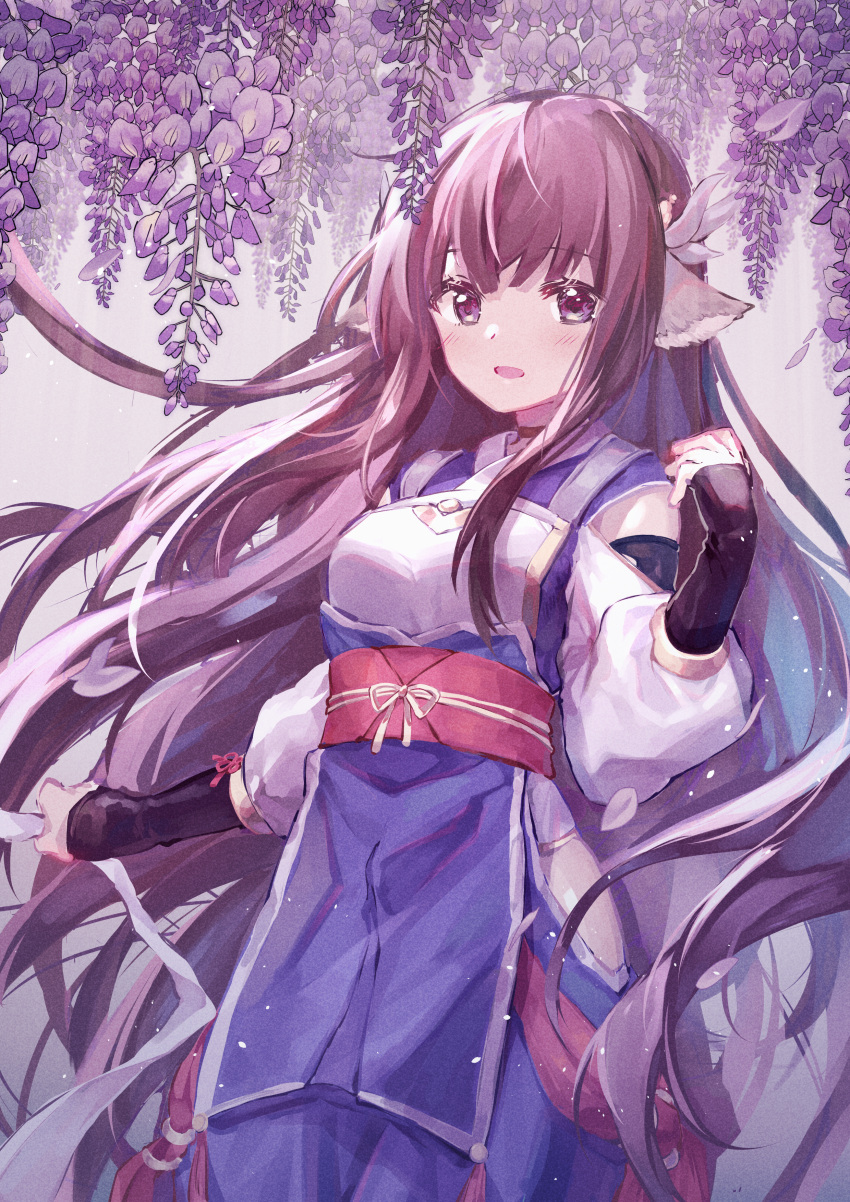 1girl absurdres animal_ears blush brown_hair character_request floating_hair flower highres huge_filesize hydrangea long_hair obi open_mouth purple_flower sash shenbei_xiaoqiu solo standing utawarerumono utawarerumono:_itsuwari_no_kamen very_long_hair violet_eyes wisteria