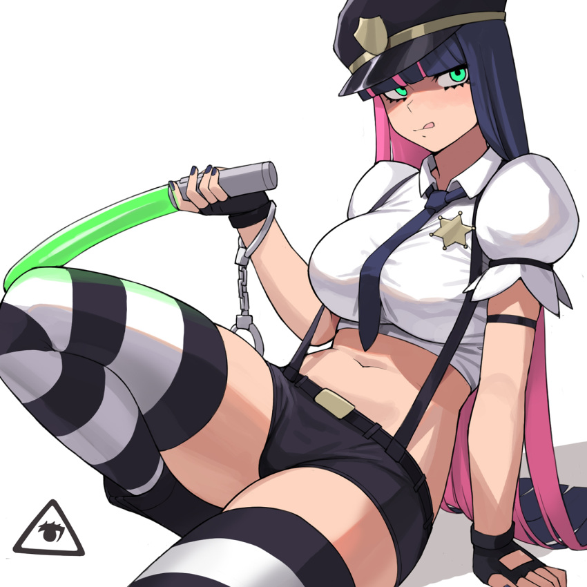 1girl arm_strap arm_support bangs belt belt_buckle black_belt black_footwear black_gloves black_headwear black_nails black_shorts blunt_bangs boots breasts buckle collared_shirt commentary crop_top cuffs donburi_(donburikazoku) english_commentary fingerless_gloves gloves green_eyes handcuffs hat highres holding knee_up large_breasts licking_lips long_hair looking_at_viewer multicolored_hair nail_polish navel necktie panty_&amp;_stocking_with_garterbelt pink_hair police_hat puffy_short_sleeves puffy_sleeves shadow shirt short_shorts short_sleeves shorts simple_background sitting solo stocking_(psg) striped striped_legwear suspenders thigh-highs thighs tongue tongue_out two-tone_hair white_shirt