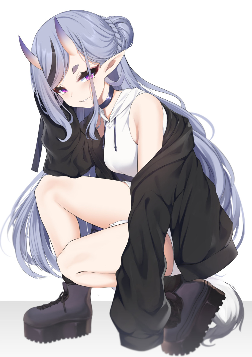 1girl absurdres bare_legs bare_shoulders black_footwear black_hair black_jacket blush boots braid breasts choker drawstring dress full_body hair_bun highres hood hoodie hoodie_dress horns jacket light_purple_hair long_hair looking_at_viewer medium_breasts mole mole_under_mouth multicolored_hair nijisanji off_shoulder oni oni_horns open_clothes open_jacket parted_lips platform_boots platform_footwear pointy_ears rindou_mikoto short_eyebrows simple_background skin-covered_horns sleeveless sleeveless_hoodie sleeves_past_fingers sleeves_past_wrists smile solo squatting streaked_hair sweater sweater_dress thick_eyebrows toshise. two-tone_hair violet_eyes virtual_youtuber