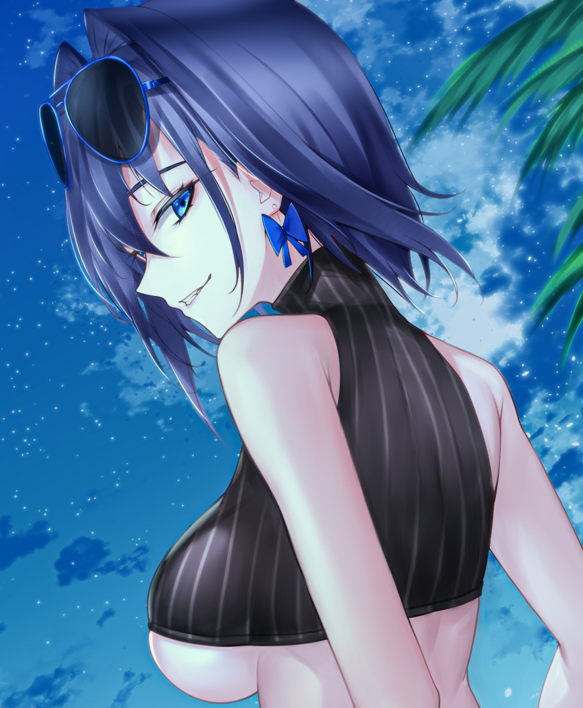 1girl bare_shoulders bikini blue_eyes bow bow_earrings breasts close-up crop_top earrings eyewear_on_head from_behind hair_intakes highres hololive hololive_english jewelry large_breasts looking_at_viewer looking_back night night_sky ouro_kronii parted_lips rebyo43 ribbon_earrings short_hair sideboob sky smirk solo star_(sky) starry_sky sunglasses swimsuit upper_body virtual_youtuber