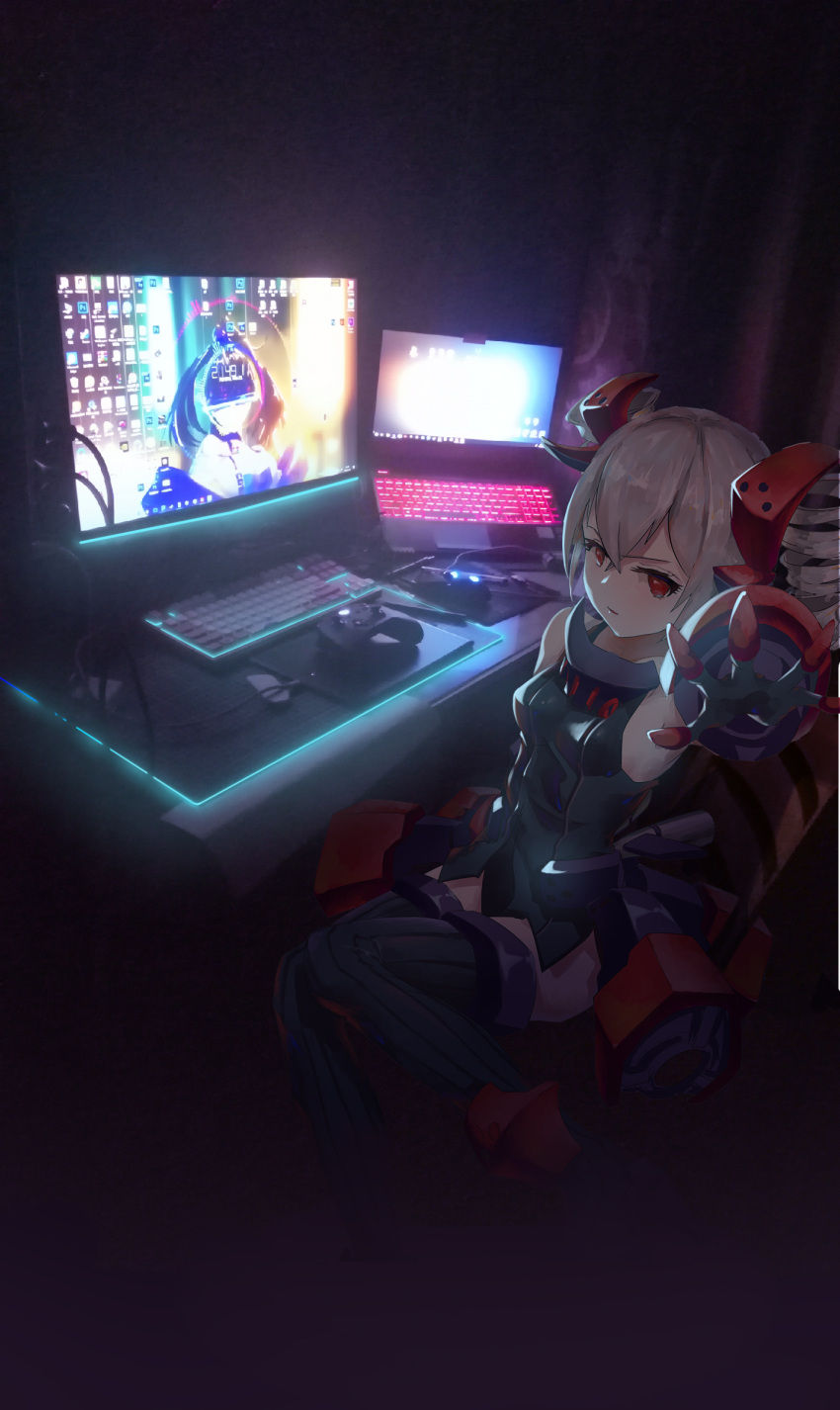 1girl bangs bare_shoulders black_footwear black_gloves black_leotard boots breasts bronya_zaychik bronya_zaychik_(black_nucleus) chair computer curtains dark drill_hair gaming_chair gao_guangyue gauntlets gloves grey_hair hair_between_eyes highres honkai_(series) honkai_impact_3rd indoors keyboard_(computer) laptop leotard looking_at_viewer monitor mouse_(computer) outstretched_arm pale_skin playstation_controller raiden_mei raiden_mei_(striker_fulminata) red_eyes sitting small_breasts solo stylus thigh-highs thigh_boots twin_drills v-shaped_eyebrows