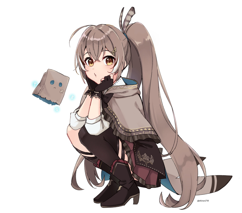 1girl :o absurdres ankle_boots boots bow brown_bow brown_cloak brown_corset brown_eyes brown_footwear brown_gloves brown_hair brown_legwear cloak eyebrows_visible_through_hair friend_(nanashi_mumei) frilled_skirt frills gloves hair_ornament hairclip hands_on_own_face hieroglyphics highres hololive hololive_english hood hooded_cloak kneehighs long_hair looking_at_viewer multicolored_hair nanashi_mumei over-kneehighs partially_fingerless_gloves ponytail puffy_sleeves red_skirt runes shirt single_kneehigh single_sock skirt socks squatting streaked_hair thigh-highs twitter_username very_long_hair virtual_youtuber white_shirt yumi_(koumotoyumi)