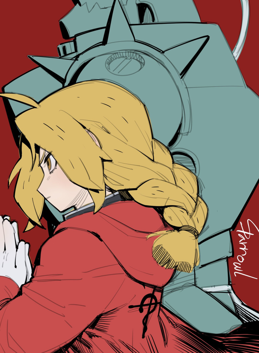 1boy 1girl alphonse_elric armor blonde_hair blush braid closed_mouth coat commentary edward_elric english_commentary from_side full_armor fullmetal_alchemist gloves highres hood hood_down hooded_coat own_hands_together palms_together plume profile red_background red_coat sanpaku shoulder_spikes signature simple_background single_braid sparrowl spikes white_gloves yellow_eyes