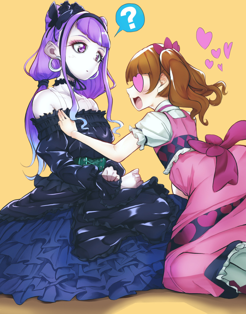 2girls aisaki_emiru alternate_costume bare_shoulders black_dress blush bow brown_hair butterfly_hair_ornament commentary_request dress earrings eyelashes frilled_dress frills gothic_lolita hair_bow hair_ornament hair_ribbon heart heart_eyes highres hugtto!_precure jewelry lolita_fashion long_hair looking_at_another multiple_girls open_mouth pink_dress precure purple_hair ribbon rikito1087 ruru_amour simple_background sitting twintails violet_eyes yellow_background