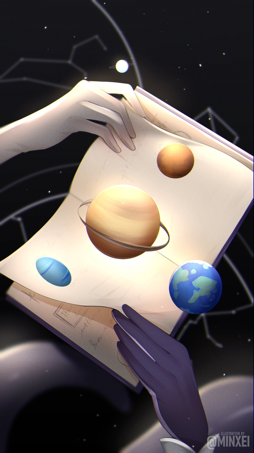2girls absurdres book earth_(planet) gloves hand_focus highres holding holding_book hololive hololive_english minxei multiple_girls ninomae_ina'nis planet planetary_ring space tsukumo_sana virtual_youtuber