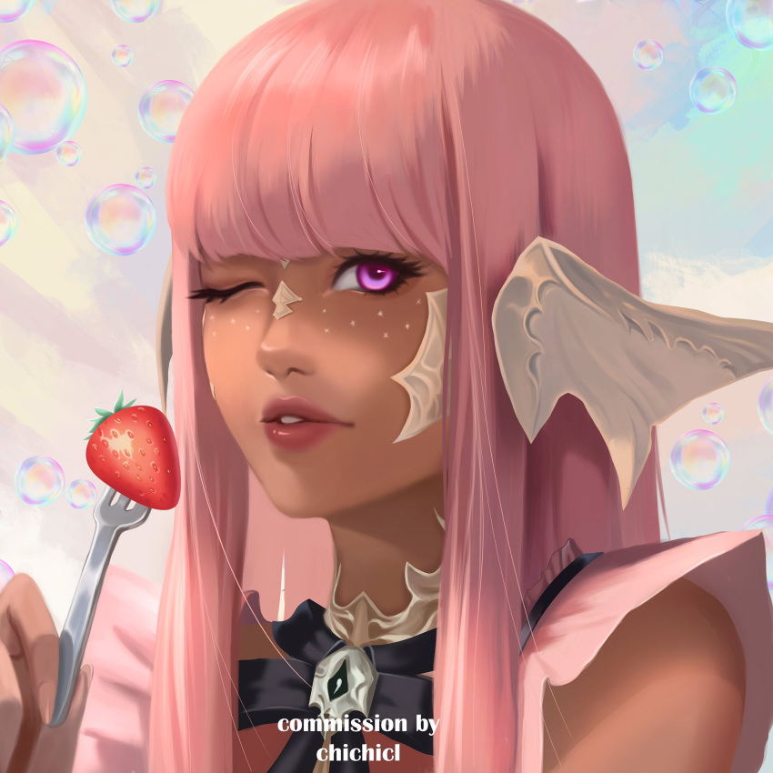 1girl au_ra bangs blunt_bangs chichicl commission dark-skinned_female dark_skin dragon_horns final_fantasy final_fantasy_xiv food fork fruit highres horns lips long_hair looking_at_viewer one_eye_closed pink_hair portrait scales solo strawberry violet_eyes