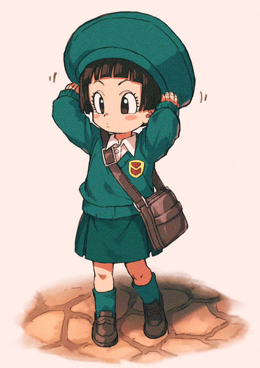 1girl absurdres adjusting_clothes adjusting_headwear aqua_headwear aqua_legwear aqua_skirt aqua_sweater badge bag bangs beige_background beret black_eyes black_hair blunt_bangs blush_stickers bowl_cut brown_footwear child collared_shirt dragon_ball dragon_ball_super dragon_ball_super_super_hero expressionless eyelashes facing_away floor full_body hands_up hat highres kindergarten_uniform kneehighs loafers looking_afar motion_lines pan_(dragon_ball) parted_lips pleated_skirt relio_db318 school_bag school_uniform shadow shirt shoes short_hair shoulder_bag simple_background skirt solo standing standing_on_one_leg stone_floor straight_hair sweater tareme white_shirt