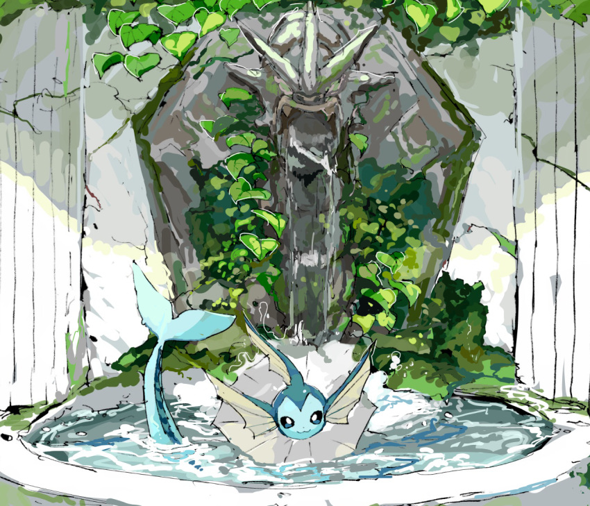 :3 animal_focus apios1 bathing blue_eyes closed_mouth commentary fountain gen_1_pokemon gyarados happy leaf looking_at_viewer moss no_humans partially_submerged pokemon pokemon_(creature) smile solo statue vaporeon water