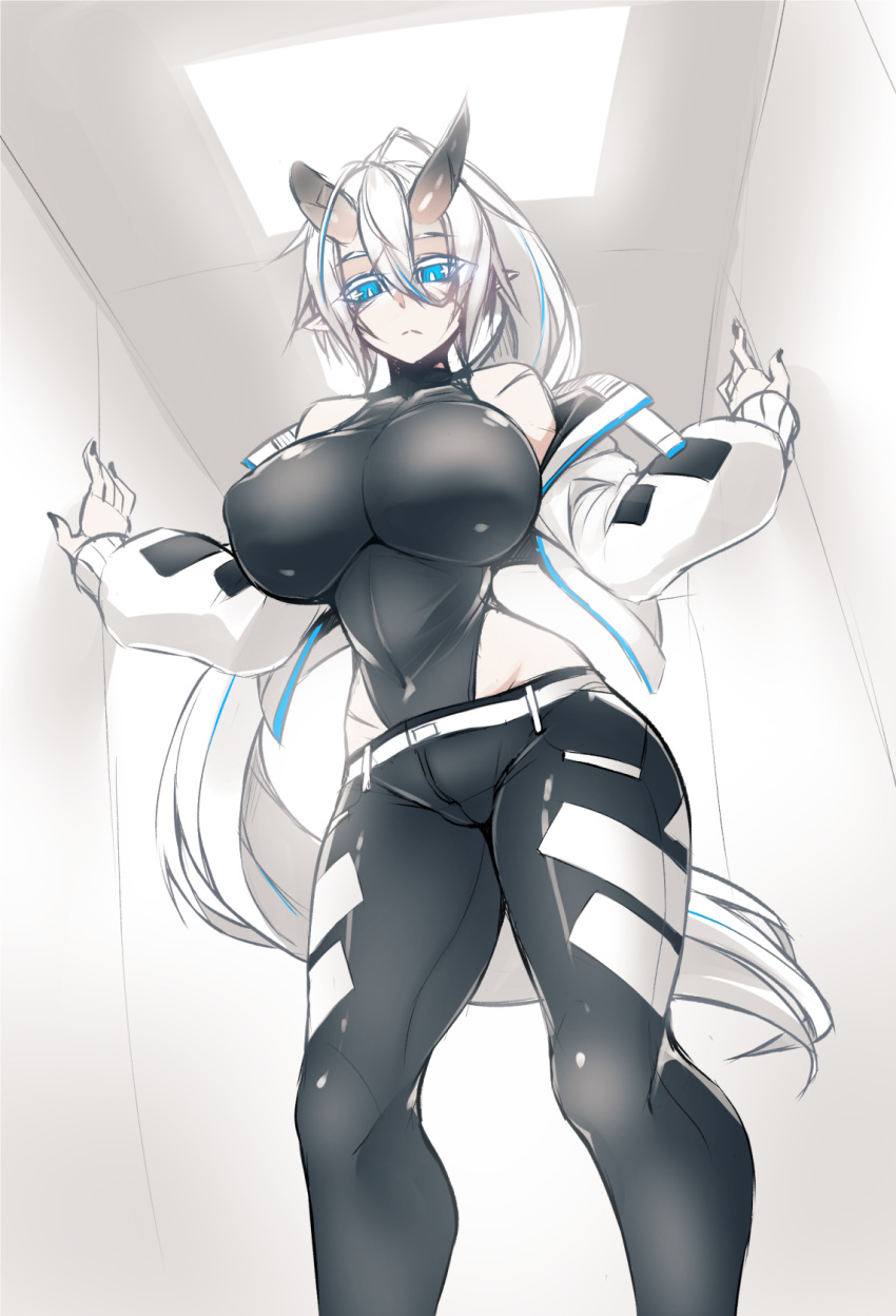 1girl black_leotard black_nails blue_eyes breasts bright_pupils closed_mouth covered_navel expressionless feet_out_of_frame fingernails hair_between_eyes hands_up highleg highleg_leotard highres horns huge_breasts jacket leggings leotard long_hair long_sleeves looking_at_viewer nail_polish oni oni_horns open_clothes open_jacket original pointy_ears ponytail scar scar_on_cheek scar_on_face solo standing sub-res very_long_hair white_hair white_jacket white_pupils