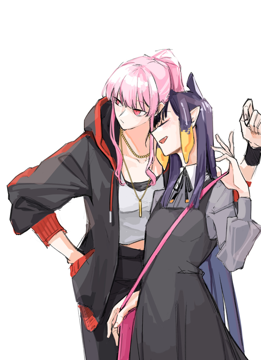 2girls absurdres bangs blunt_bangs dress eyebrows_visible_through_hair guiyu_(nocaudal) highres hololive hololive_english jacket jewelry long_hair mori_calliope multicolored_hair multiple_girls necklace ninomae_ina'nis open_mouth pants pink_hair pointy_ears purple_hair red_eyes simple_background tentacle_hair very_long_hair virtual_youtuber white_background
