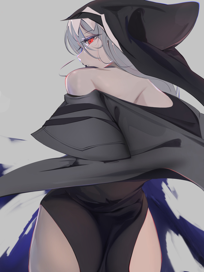 1girl absurdres arknights ass bangs bare_shoulders black_coat black_dress black_headwear closed_mouth coat commentary dress from_behind grey_background grey_hair habit highres jewelry long_hair looking_at_viewer looking_back nun off_shoulder red_eyes simple_background sinoda specter_(arknights) torn_clothes