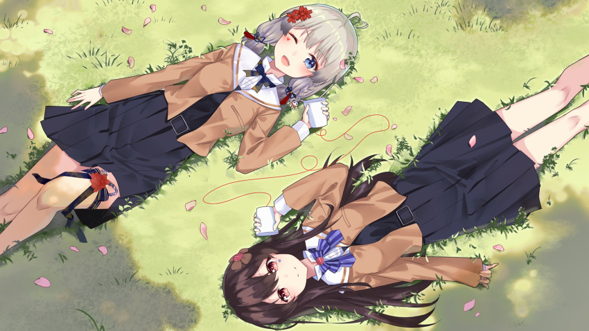 2girls ;d ahoge black_shirt black_skirt blue_eyes brown_hair brown_jacket character_request commentary_request fang flower grey_hair hair_flower hair_ornament highres jacket long_hair low_twintails lying mo_(pixiv9929995) multiple_girls on_back on_grass on_ground one_eye_closed open_clothes open_jacket open_mouth petals pleated_skirt red_eyes red_flower sailor_collar school_uniform serafuku shirt skirt smile string_phone twintails very_long_hair white_sailor_collar yagate_kimi_ni_naru