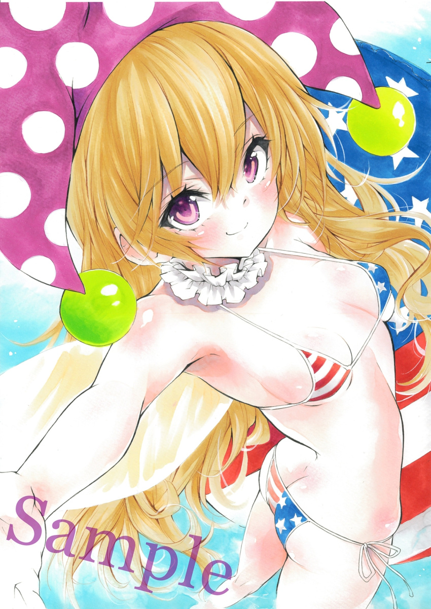 1girl american_flag_bikini arim0k0 ass bare_arms bare_shoulders bikini blonde_hair breasts butt_crack closed_mouth clownpiece detached_collar fairy_wings flag_print hat highres jester_cap light_smile long_hair looking_at_viewer pink_eyes pink_headwear polka_dot sample side-tie_bikini small_breasts solo string_bikini swimsuit touhou twisted_torso very_long_hair wings