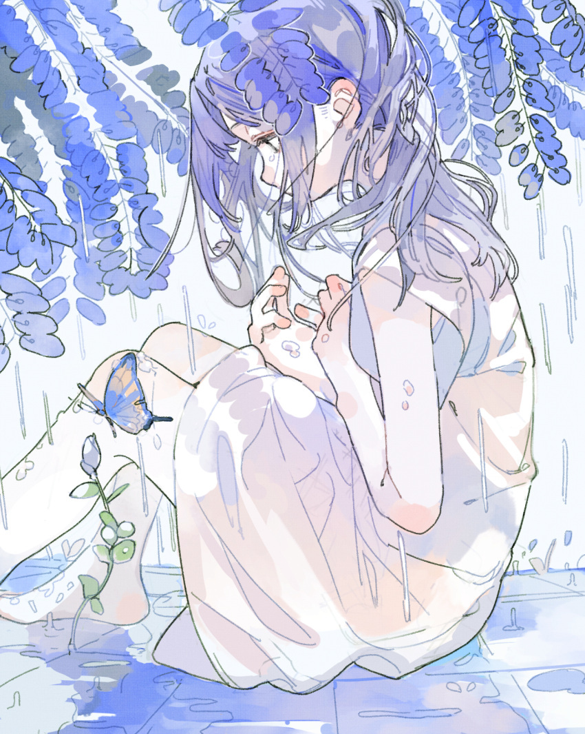 1girl aspara bare_arms barefoot blue_butterfly blue_flower blue_hair bug butterfly commentary_request dress flower flower_request from_side highres insect long_hair original profile rain sitting solo tears white_dress